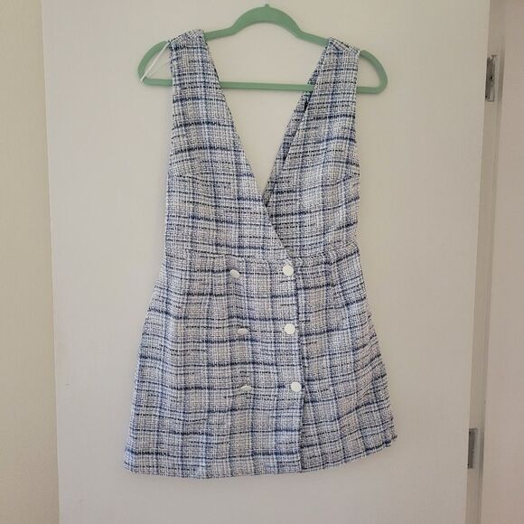 Zara Checked Pinafore Blue Tweed Dress Size Medium - Picture 6 of 9